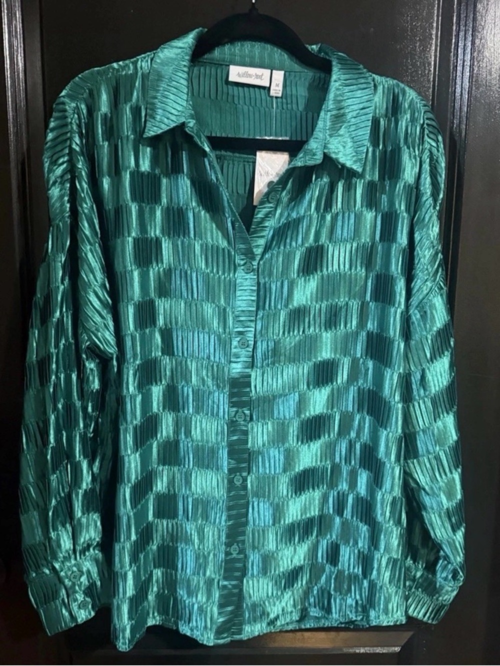 Adaline West Emerald Green Textured Satin Button-Up Blouse